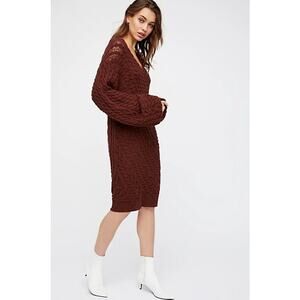Free People Women Twisted Reality Sweater Mini Dress Slouchy Cable Knit XS Brown